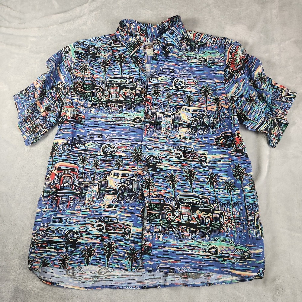 Reyn Spooner Art of Eddy Y Shirt Mens Large Hot Rod Aloha Hawaiian Car Rayon
